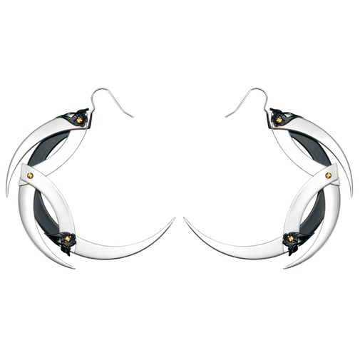 Small Silver and Black Dragon Moon Hoop Earrings