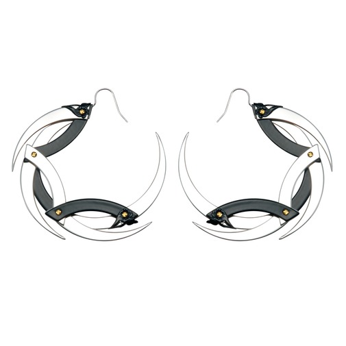 Medium Silver and Black Dragon Moon Hoop Earrings