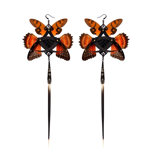 Black Python and Orange Cicada Kanzashi Long Dangle Earrings