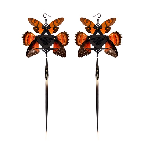 Black Python and Orange Cicada Kanzashi Long Dangle Earrings