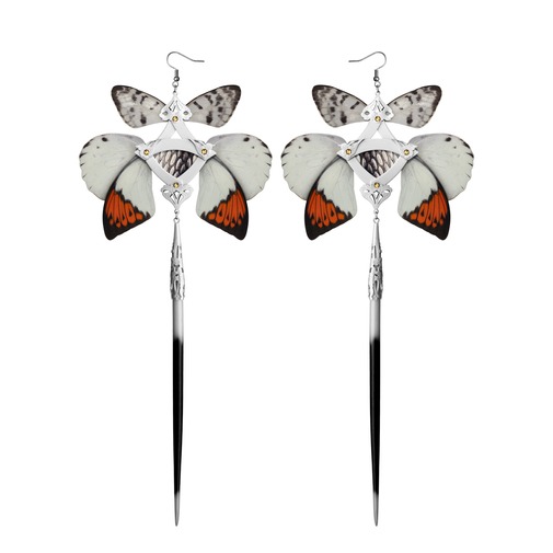 White Cobra and Orange Butterfly Kanzashi Long Dangle Earrings 