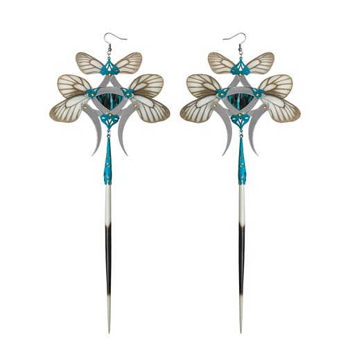 Silver Porcupine Quills and White Butterfly Kanzashi Long Dangle Earrings 