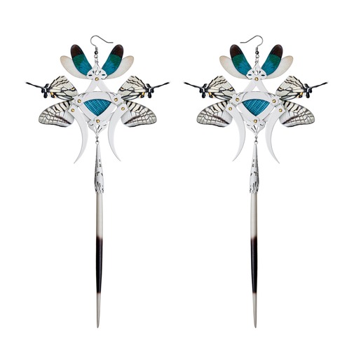 White Dragonfly and Turquoise Lizard Kanzashi Long Dangle Earrings