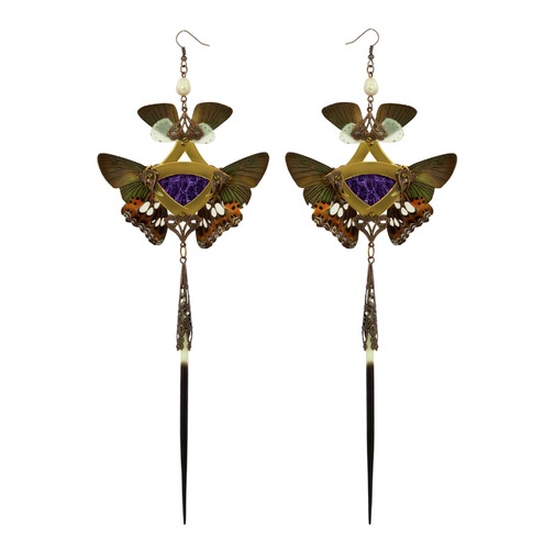 Violet Snakeskin and Jade Green Butterfly with Pearl Gold Kanzashi Long Dangle Earrings