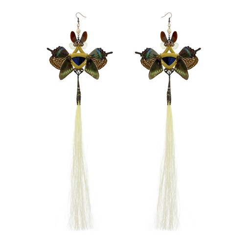 Indigo Fox and Dark Green Butterfly with Pearl Gold Kanzashi Long Dangle Earrings