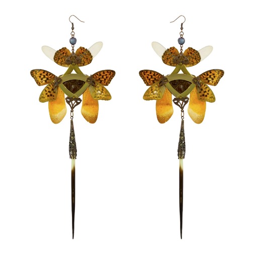 Crocodile Skin and Real Butterfly with Pearl Gold Kanzashi Long Dangle Earrings