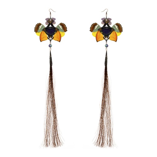 Violet Fox Fur and Real Butterfly Wings with Pearl Silver Kanzashi Long Dangle Earrings