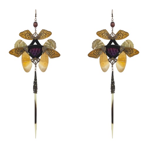 Dark Ruby Snakeskin and Real Butterfly with Pearl Black Kanzashi Long Dangle Earrings