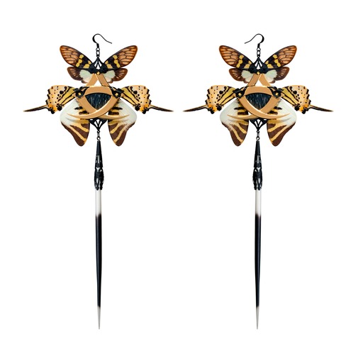 Gold Horsehair and Tiger Butterfly Kanzashi Long Dangle Earrings 