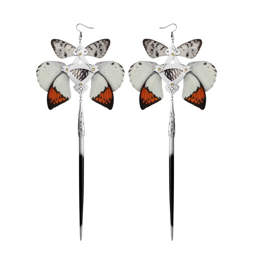 White Cobra and Orange Butterfly Kanzashi Long Dangle Earrings 