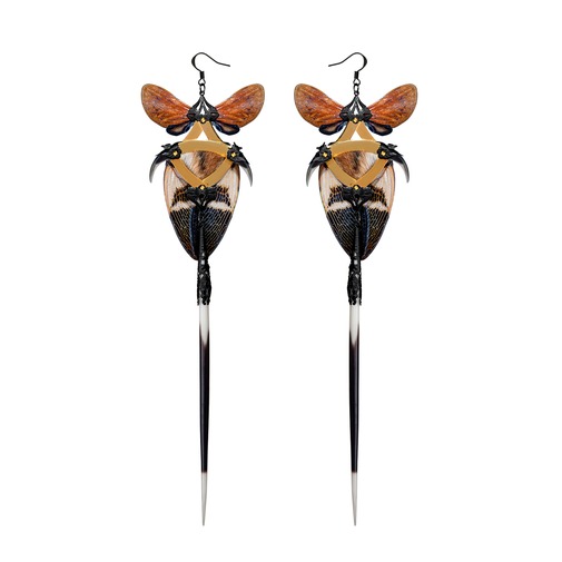 Gold Red Fox and Cognac Cicada Kanzashi Long Dangle Earrings