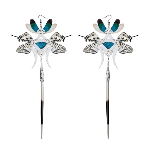 White Dragonfly and Turquoise Lizard Kanzashi Long Dangle Earrings