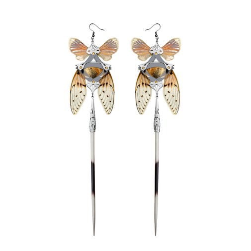 Silver Red Fox and Cicada Kanzashi Long Dangle Earrings
