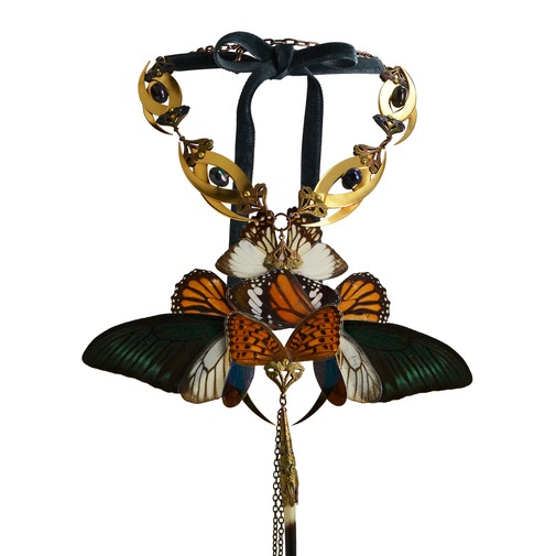 Large Gold Butterfly and Blue Pearls Necklace 
