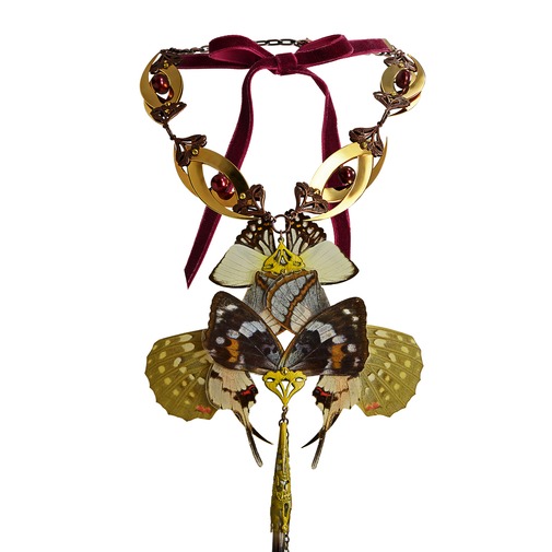 Large Gold Butterfly and Burgundy Pearls Necklace
