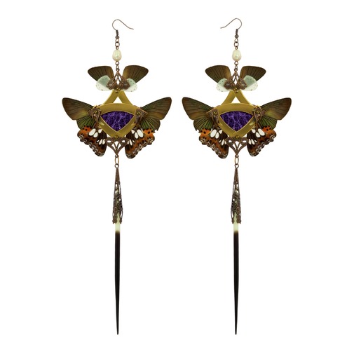 Violet Snakeskin and Jade Green Butterfly with Pearl Gold Kanzashi Long Dangle Earrings