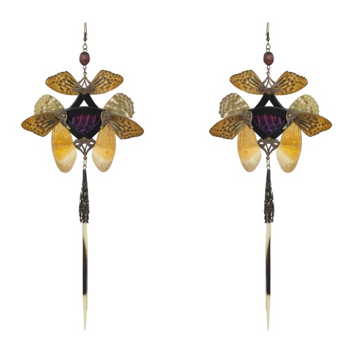 Dark Ruby Snakeskin and Real Butterfly with Pearl Black Kanzashi Long Dangle Earrings