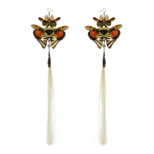 Genuine Crocodile Skin and Jade Orange Butterfly Gold Kanzashi Long Dangle Earrings