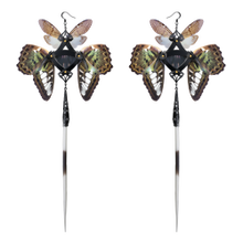 Black Porcupine Quills and Green Butterfly Kanzashi Long Dangle Earrings 