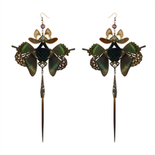 Dark Emerald Snakeskin and Real Butterfly with Pearl Black Kanzashi Long Dangle Earrings