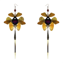 Dark Ruby Snakeskin and Real Butterfly with Pearl Black Kanzashi Long Dangle Earrings
