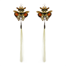 Genuine Crocodile Skin and Jade Orange Butterfly Gold Kanzashi Long Dangle Earrings