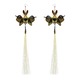 Indigo Fox and Dark Green Butterfly with Pearl Gold Kanzashi Long Dangle Earrings